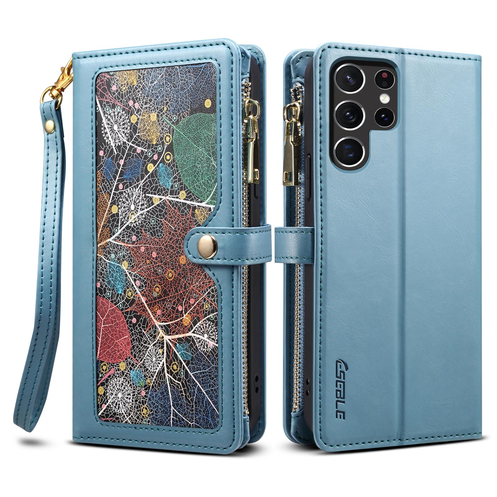 

For Samsung Galaxy S25 Ultra Case Leather Zipper Phone Cover RFID Blocking Blue