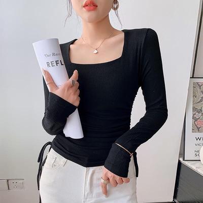 High-Design Women's Square Neck Pure Cotton Drawstring Long Sleeve T-Shirt for Spring/Autumn 2026