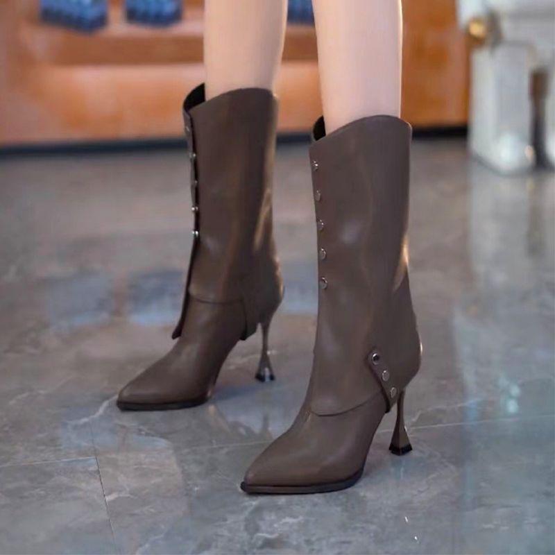 European and American Style Two Wear Pointed Rivets High Heel Medium Boots Women's 2025 Autumn and Winter New Fine Heel Fashion Martin Boots Women