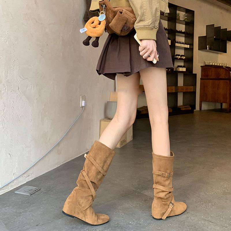 Inner heightening boots women's 2025 new autumn retro versatile stacking boots belt buckle slim tall knight boots