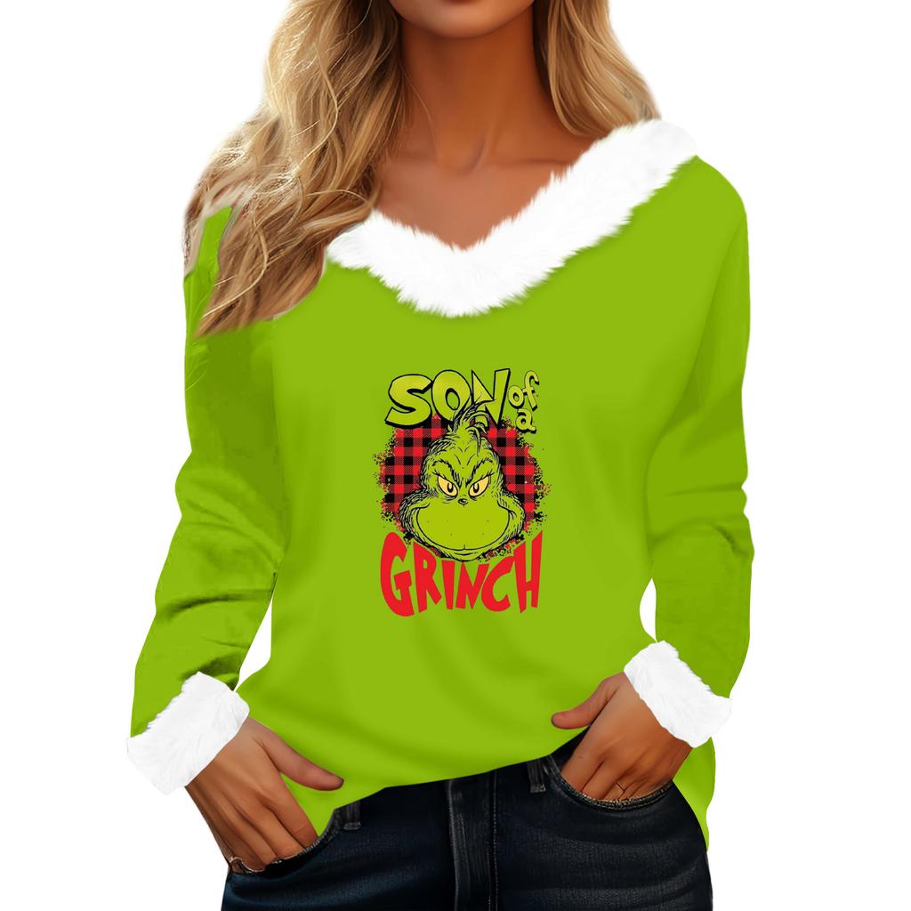Women's T Shirt Tee Christmas Shirt Long Sleeve Party Christmas Print Fleece Collar V Neck Top