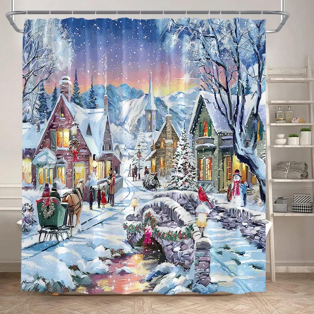 Winter Weihnachten Duschvorhang Set Niedlicher Schneemann Rote Vögel Geschenke Wald Zeder Neujahr Xmas Badezimmer Deko Duschvorleger Toilettensitzbezug