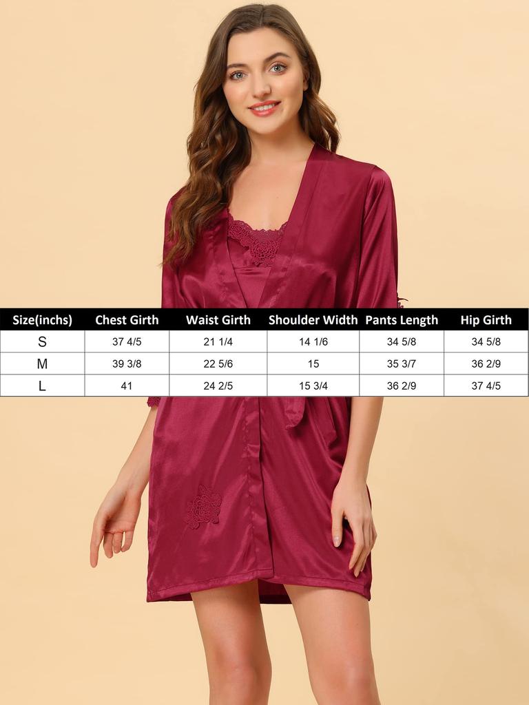 Cheibear Silk and Satin Pajama Lace Robe Medium Women's 4-Piece Set, Camisole, Nightgown, Set, Loungewear, Red,