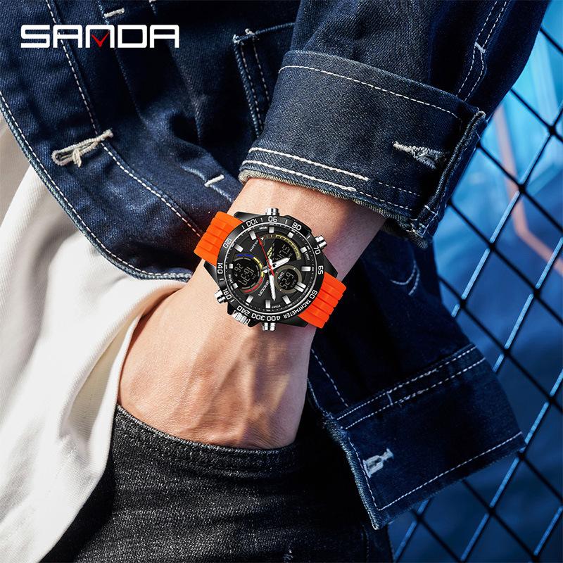 SANDA Luxury Men Electronic Quartz Watch Chronograph Double Display Waterproof Man Digital Wristwatch Military Sport Male Clock