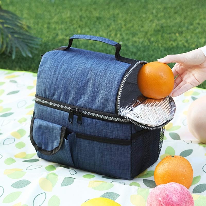 Thermal Lunch Bag with Double Compartments Insulated Cool Bag Waterproof Oxford Fabric for Office School Camping