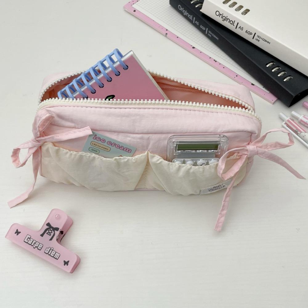 Cute Bowknot Pen Bag Soft Fabric Large Capacity Stationery Bag Students Portable Pencil Case Stationery Organizer