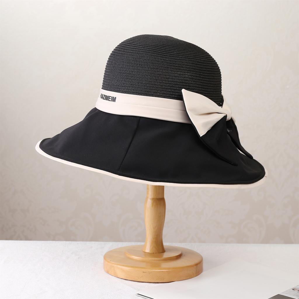 Summer outdoor travel sunscreen bucket hat new fashion splicing visor bow student big eaves hat