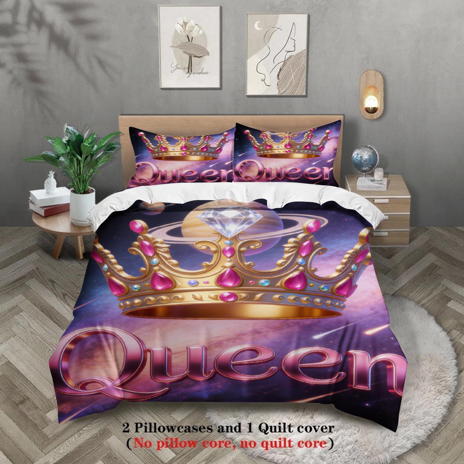 Queen Crown Printed Bedding Set Purple Pink Gold Crown And Queen Text With Duvet Cover and Pillowcases For Bedroom US Full(200x230cm)