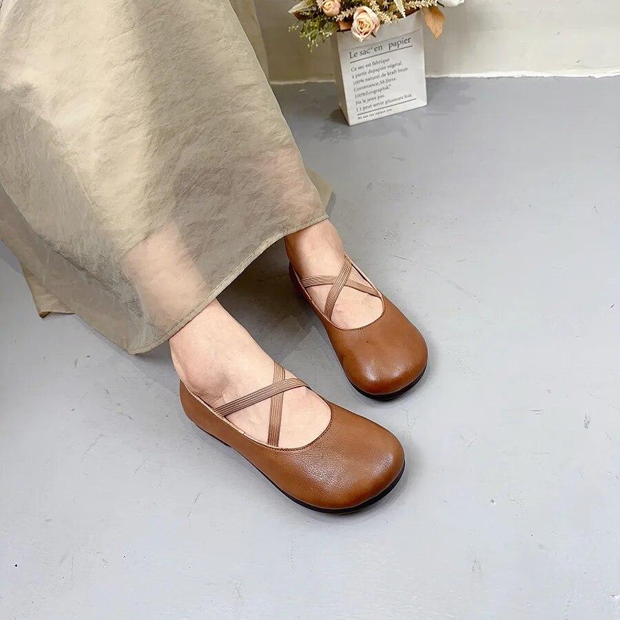 Johnature Genuine Leather Shallow Flats Retro Loafers Comfortable Soft Sole Round Toe Versatile Women's Shoes