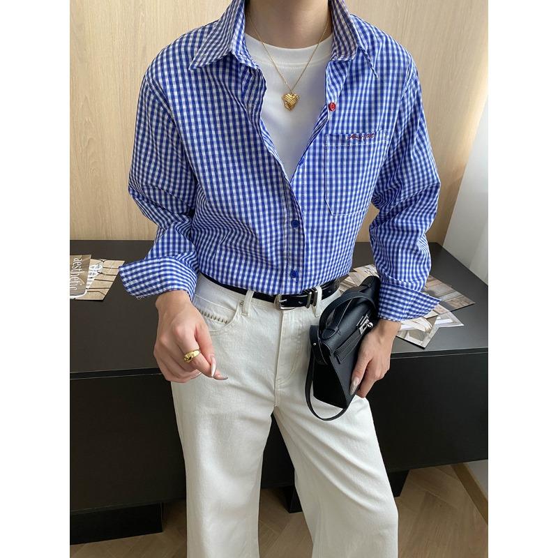 Sinan, Early Autumn New, Intellectual Blue Plaid Embroidered Temperament Casual Shirt Stacked