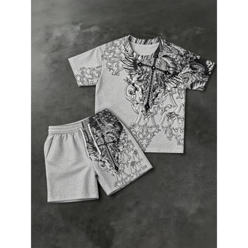American Men's Summer Totem Cross Print Comfortable Breathable Round Neck T-Shirt Drawstring Shorts Set Outdoor Streetwear