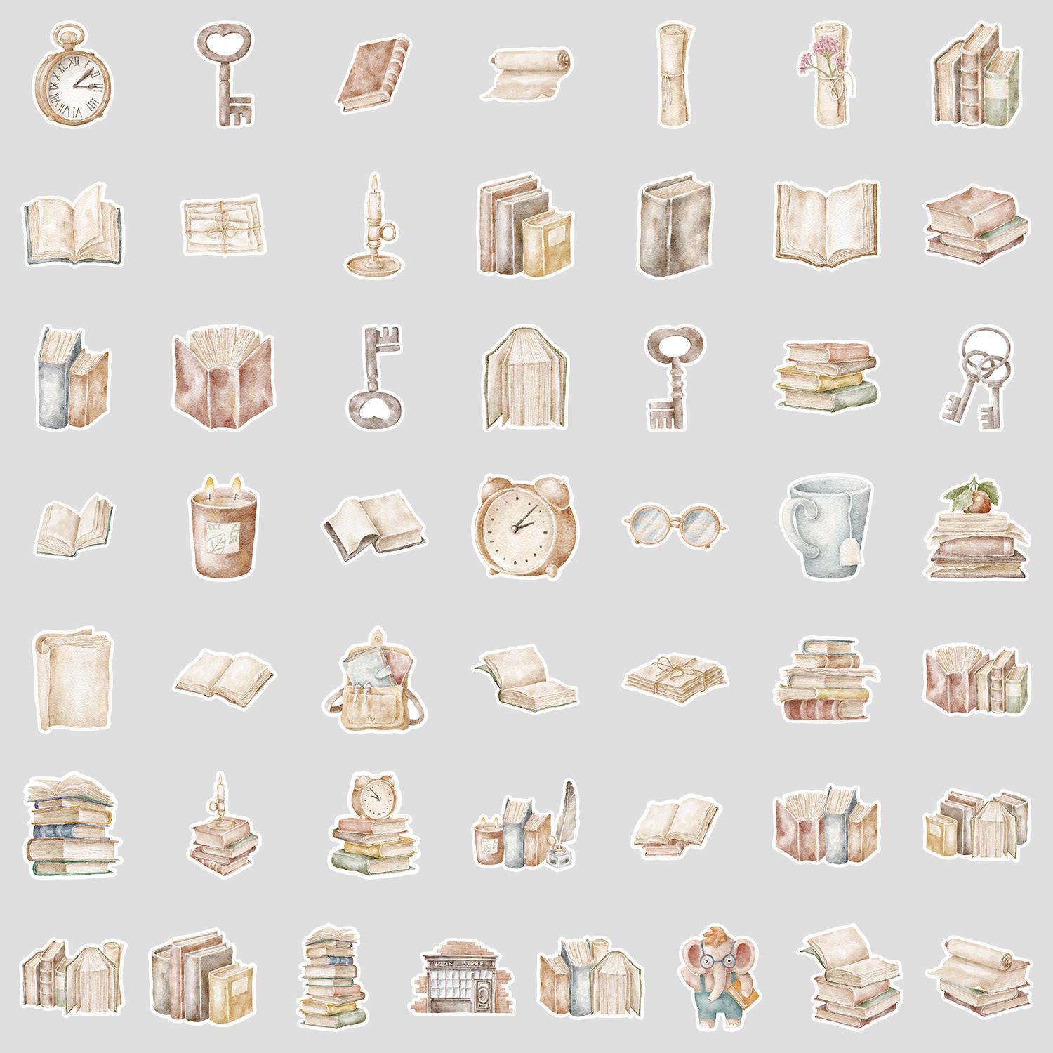 

50 Pieces of Watercolor Retro Book Graffiti Stickers, Water Cup, Luggage, Waterproof Decorative Stickers, Creative Stationery Stickers