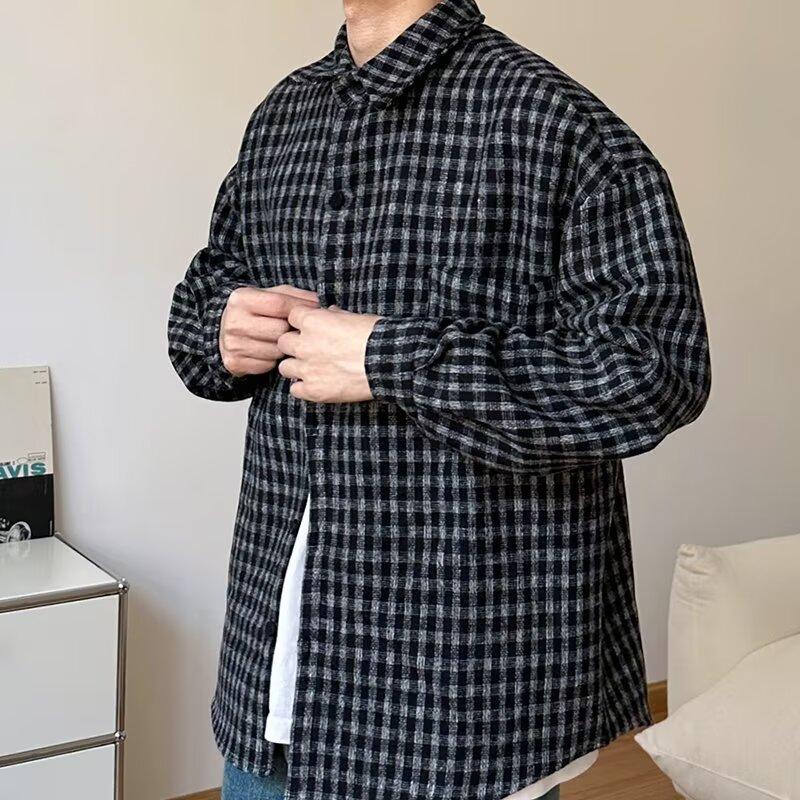

Autumn Fashion Brand Retro Debutante Style Plaid Long-Sleeved Shirt Men s High Street American Heavy Shirt Autumn Loose Shirt 2XL чёрный