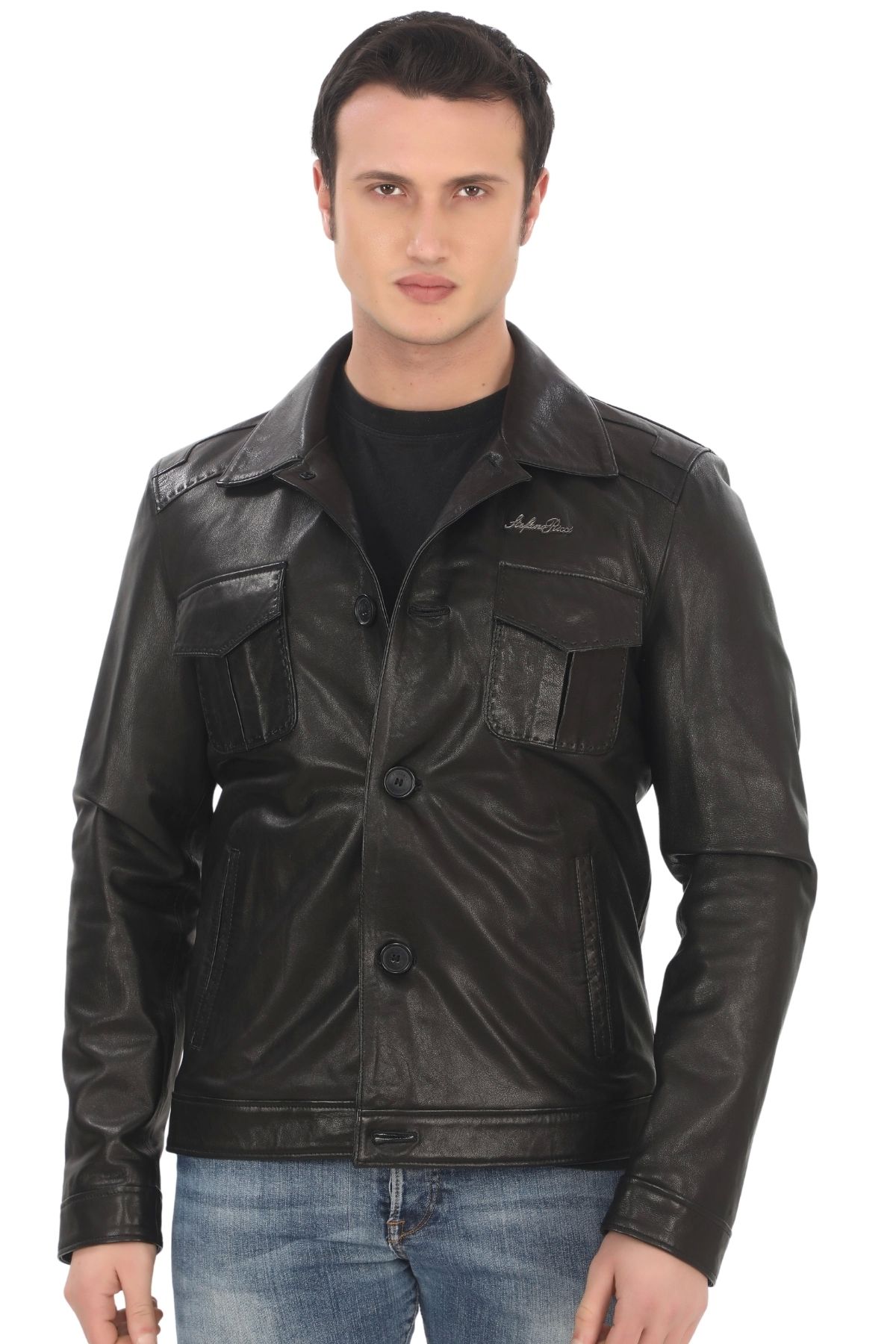 

Men s Genuine Leather Jacket Black Lambskin Classic Style Buttoned Jacket Stylish Pocket Detailed Handmade Comfortable 2XL чорний