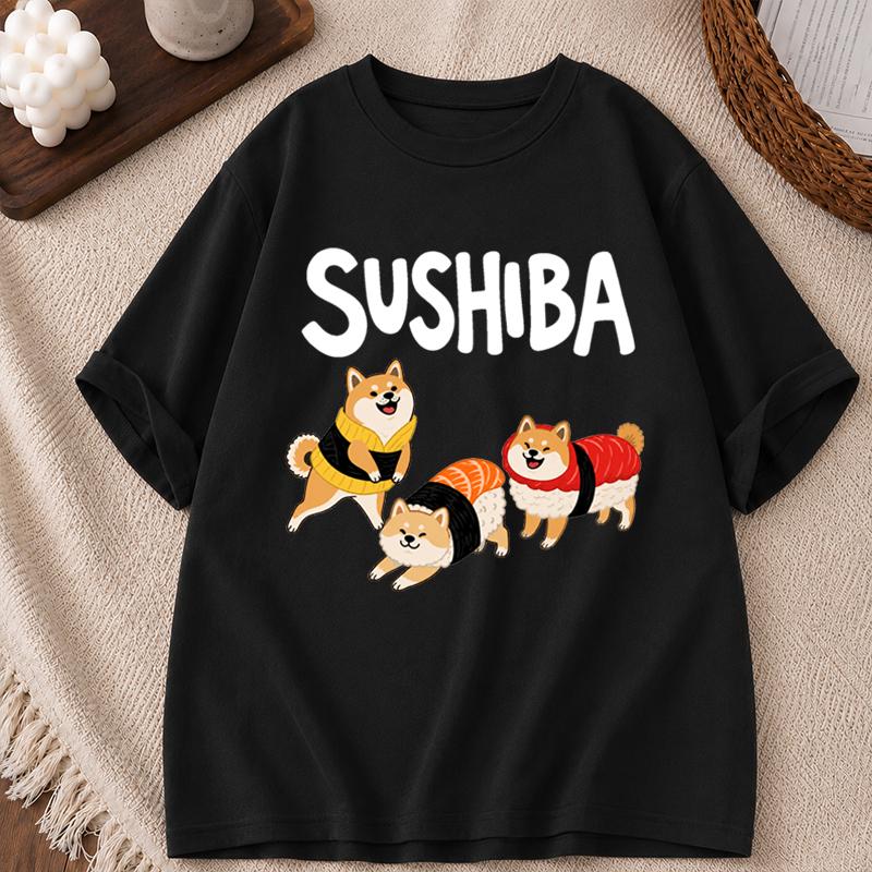 New Summer Sushi Dog Tshirt Retro Unisex And Unisex Couples Short Sleeve Loose Tshirt Funny Cartoon Dog Sushi Lover Cute Tshirt