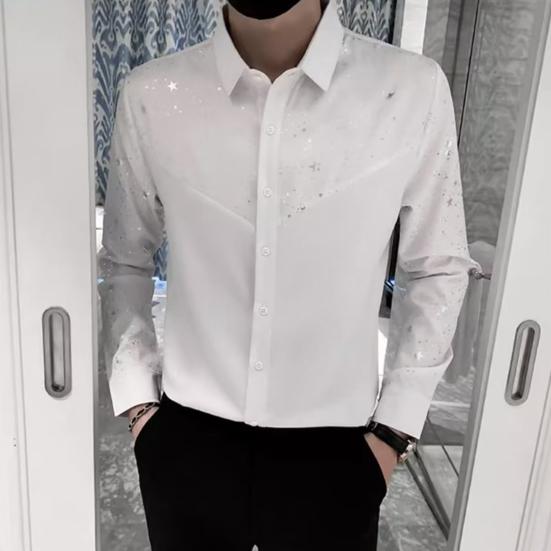 Men Shirt Sequin Star Color Matching Long Sleeve Single Breasted Patchwork Slim Fit Cardigan Turn Down Collar Soft Breathable Mid Length Men Top