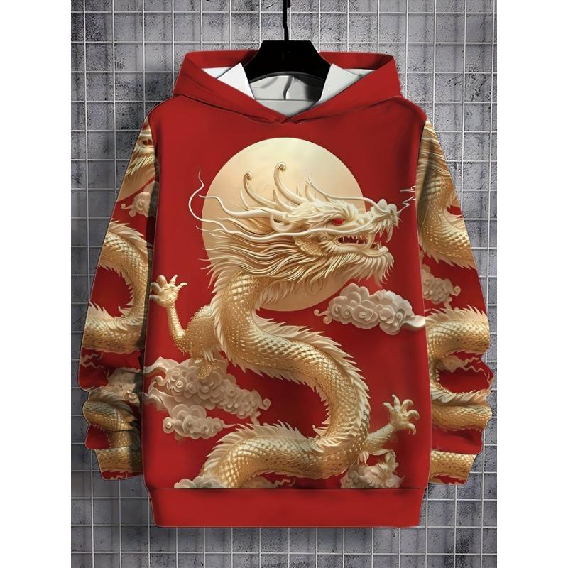Pánské módní mikiny s kapucí 3D potisky Dračí plamen Mikina Stahovací šňůrka Sportovní oblečení Topy s dlouhým rukávem Ležérní pánské oblečení