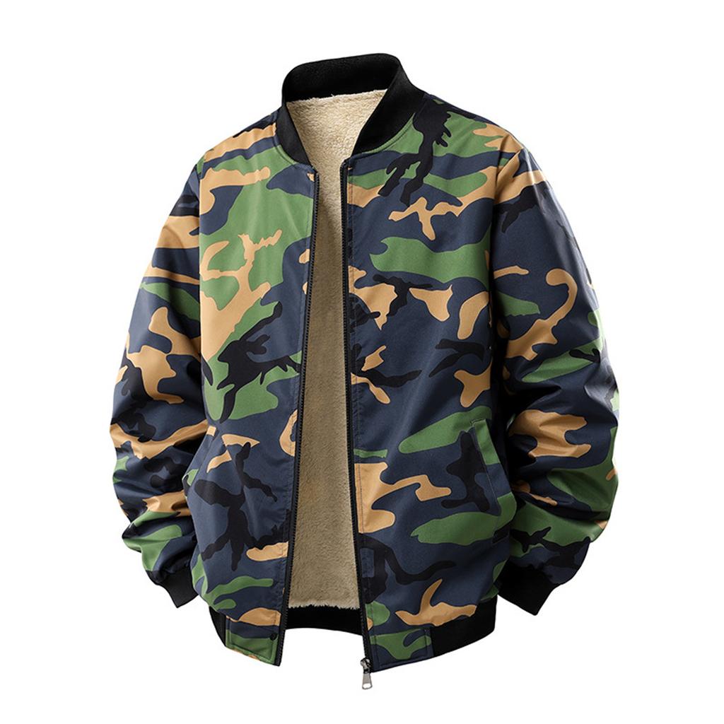 Men's Camouflage Baseball Jacket, Men's Stand Up Collar With Fleece Jacket, Windproof Winter Outdoor Lamb Fleece Jacket