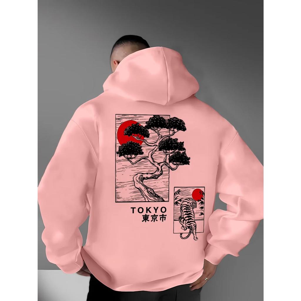 Japanese Ukiyo-e Pine Tiger Tokyo Print Hoodie Men Women Harajuku Hip Hop Gothic Oversized Sweatshirt Perfect for Commute & Loungewear