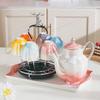pink pot with mixed 6-color cups, silver deer stand & ceramic plate