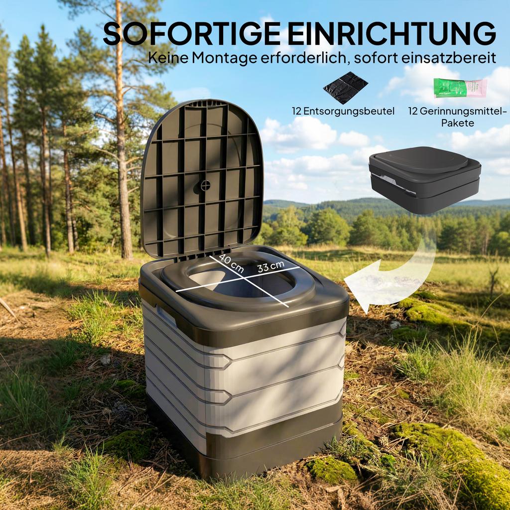 Camping toilet, foldable travel toilet up to 150 kg, with 12 coagulant powder packets, 12 disposal bags, 42 x 46 x 43.5 cm, grey