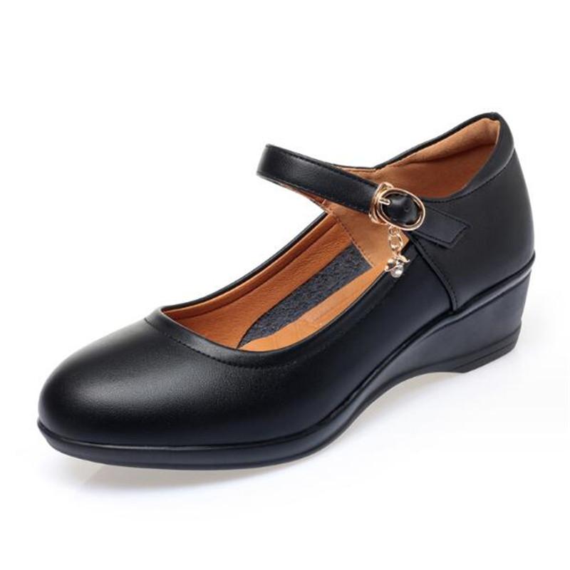 Fashion Women Fashion Comfort Buckle Strap Pumps Lady Casual Black Soft Leather Office High Heel Shoes Wedges Women Single Shoes