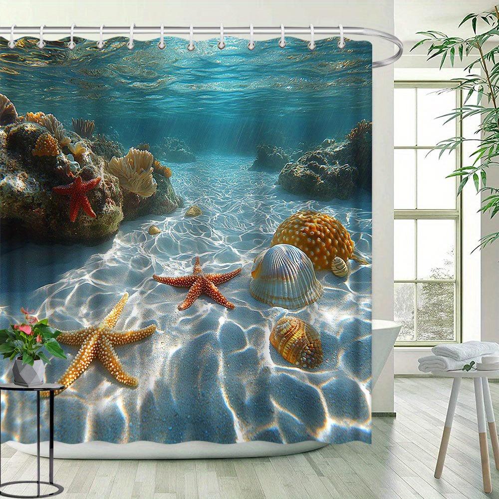 Undersea Scenery Shower Curtain - Beautiful Sea Creatures & Coral Landscape, Polyester Bathroom Decor,12 Hooks