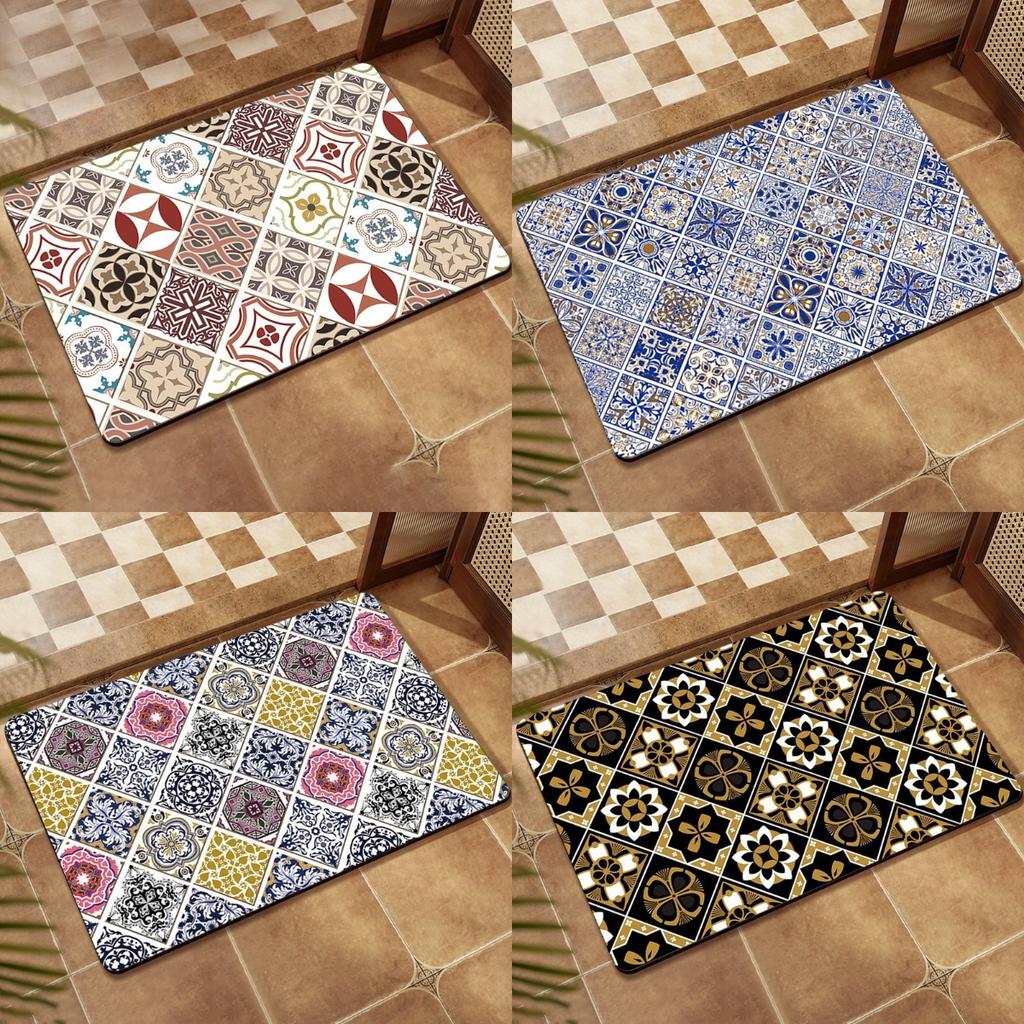 Retro Persian Grid Ethnic Style Diatomaceous Mud Floor Mat Bathroom Absorbent Anti Slip Foot Mat Entrance Foyer Door Mat