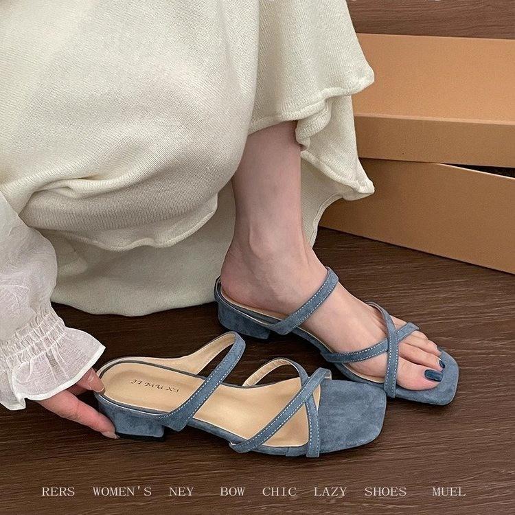 

2025 summer new cross-strap thick heel versatile literary lady denim high heel cool slippers women 39 синій