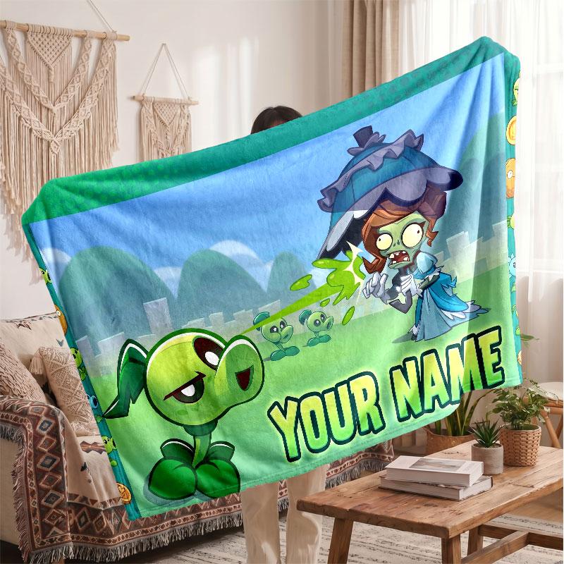 Plants vs. Zombie Personalized Flannel Blanket, Custom Printed Text Name, Warm Soft Blanket For Couch Bed