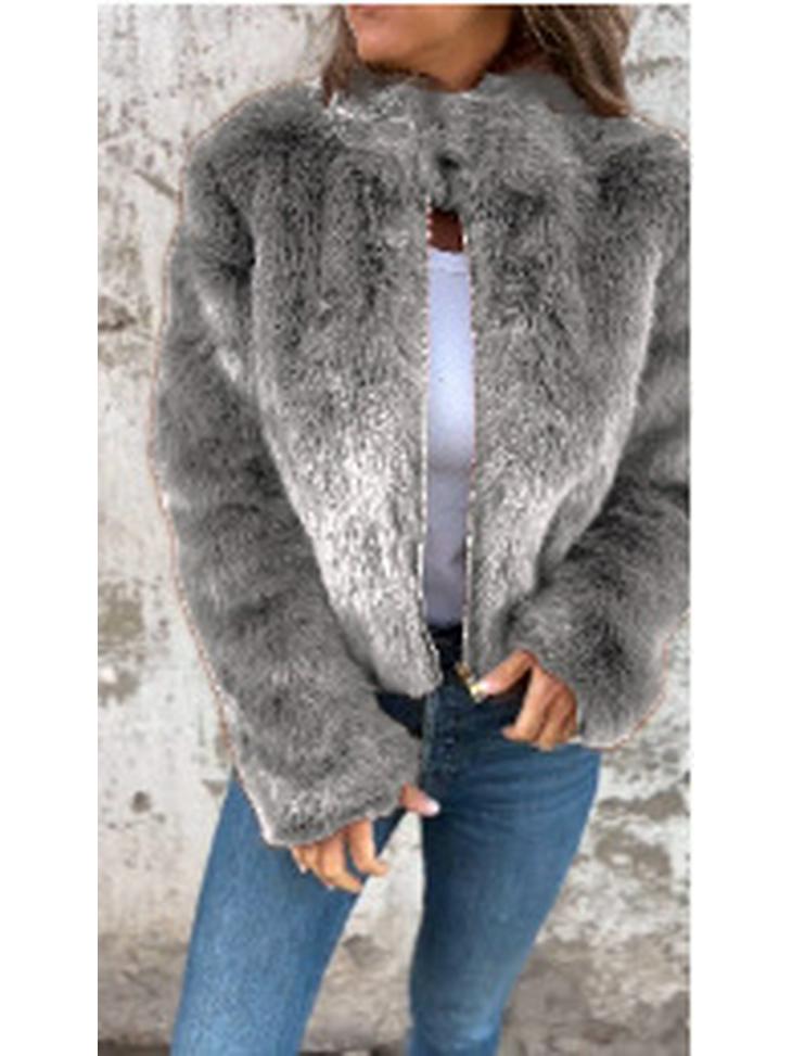 European & American Women's Fur High Neck Zipper Casual Top Coat - 2024 Autumn/Winter Collection