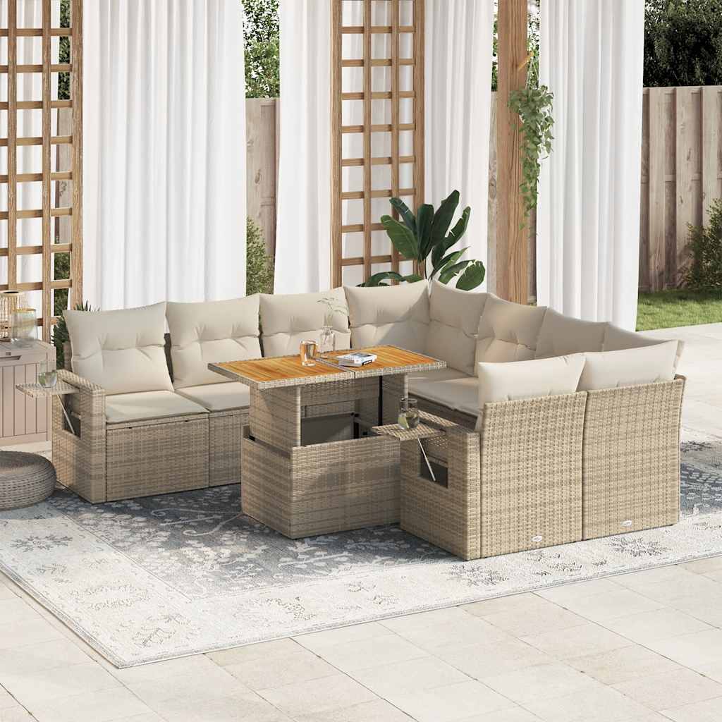 Vidaxl 9-Cz. Garden Furniture Set With Cushions, Beige, Poly Rattan