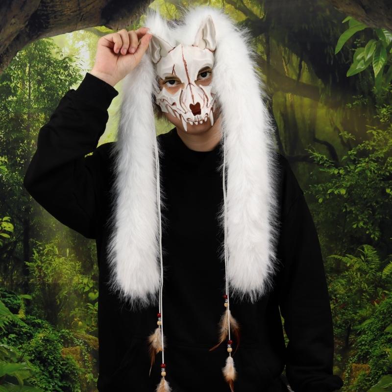 Fell Wikinger Füchse Maske Werwolf Kostüm Cosplay Zubehör Pelziges Tiermaske für Halloween Karneval Mottoparty