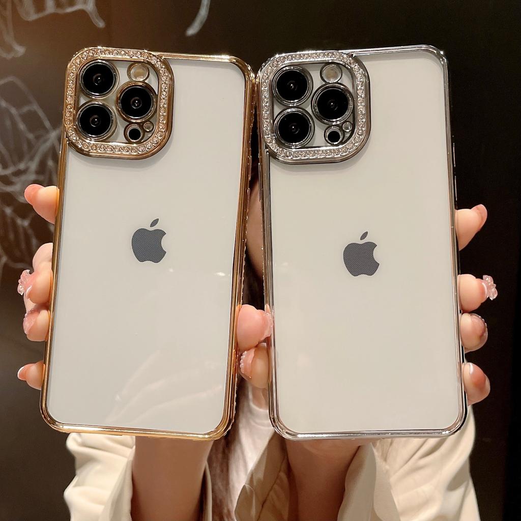 Suitable for IPhone16 Phone Case Electroplated with Full Diamond Lens, Creative Transparent TPU Soft Case 14 Protective Case for Apple 15