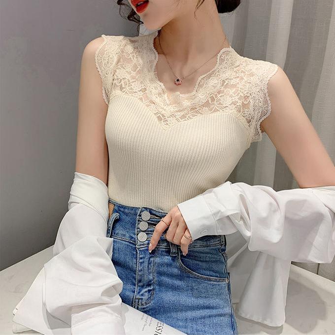 Maglia da donna con scollo a V in pizzo e cuciture senza maniche Gilet in seta ghiacciata Camicia tinta unita Slim Fit Bretelle elastiche Canotte con fondo lavorato a maglia