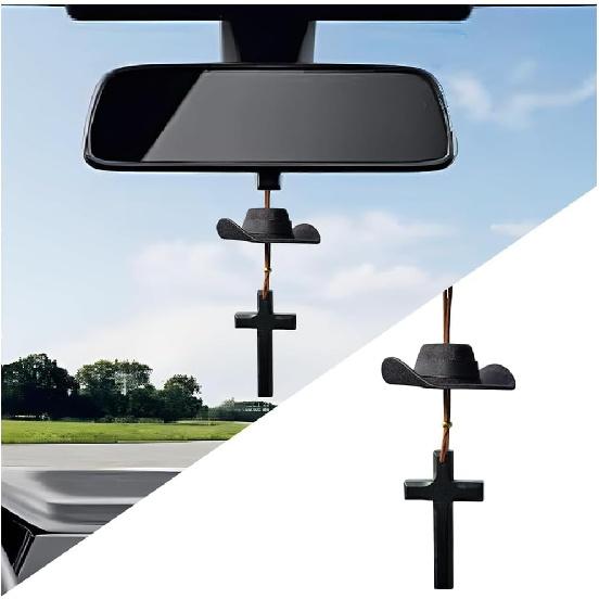 Zpana Cowboy Hat Car Hanging Charm with Cross, Felt Miniature Western Country Vehicle Rear View Mirror Pendant, Cute Mirror Decor Ornament, Universal