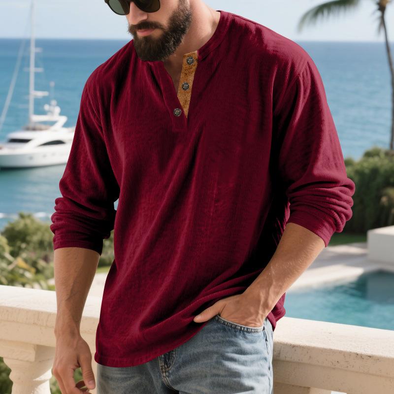 Men S Corduroy Long Sleeve Henley T Shirt Loose Casual Vin S красный