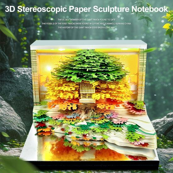 3D Time Piece Calendar Carved Tree Memo Pad 2026 Desk Calendar with LED Light Tear-off Decorative Panda Calendar Christmas Gift for Colleague Friend
