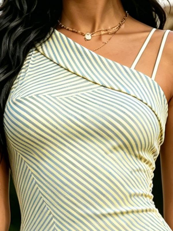 Summer Women's One Shoulder Midi Dress Diagonal Stripe Print Light Blue Yellow Bodycon Sundress