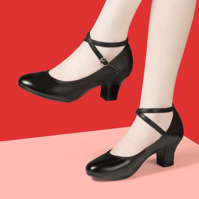 5.5cm 6cm Elegant Comfortable Ankle Bandage Med Block Heels Shoes Women Spring 2025 Soft Leather Shoes for Office Dance Work