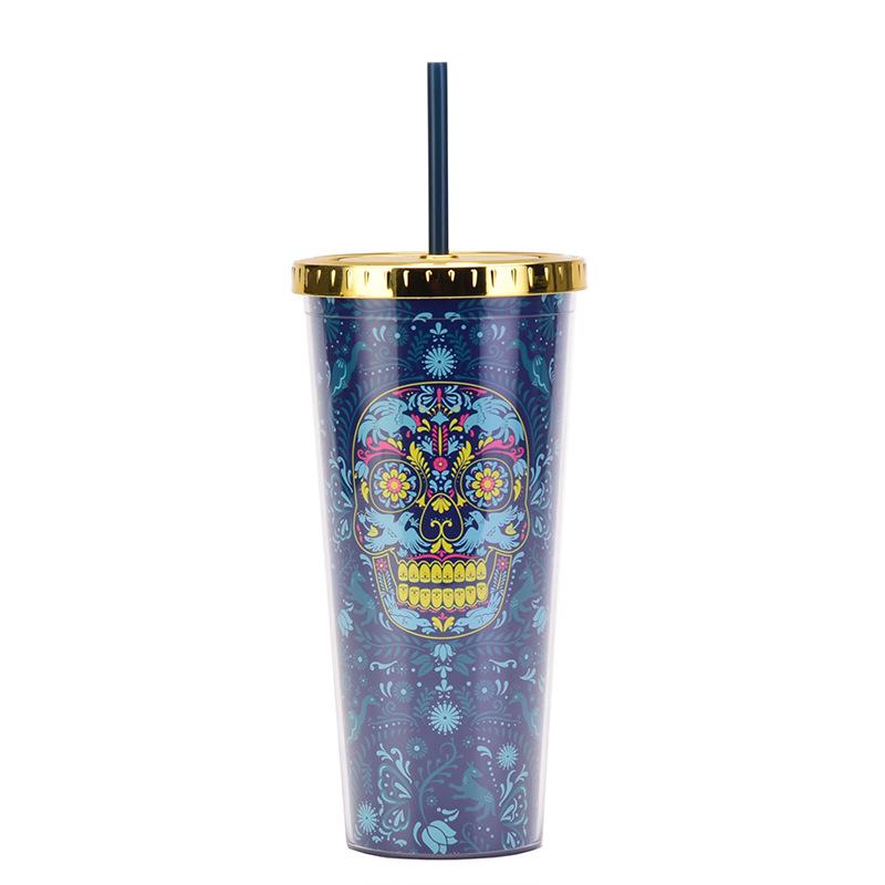 Double Plastic Cup Colored Skull Halloween Party Water Cup Portable Creative Straw Cup