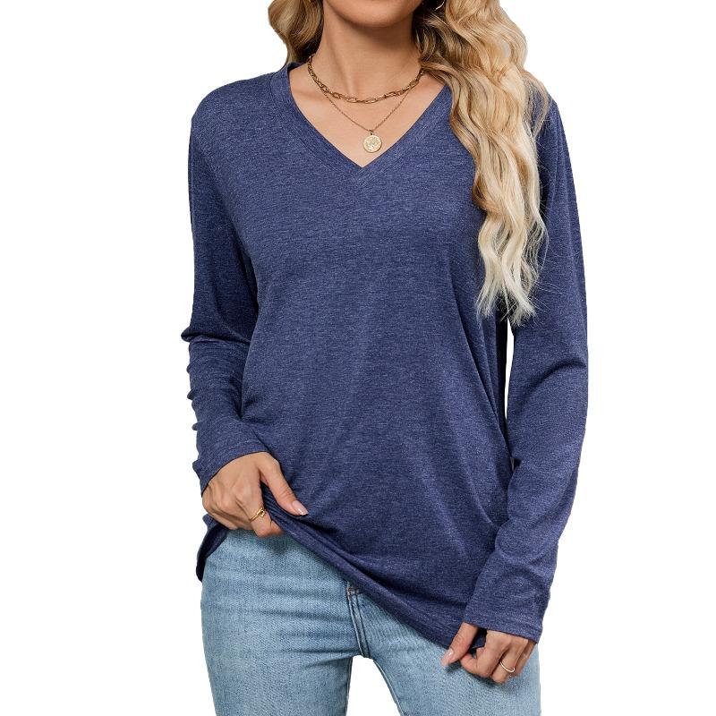 Autumn New Casual Pullover V-neck Solid Color Loose Long-sleeved T-shirt Top