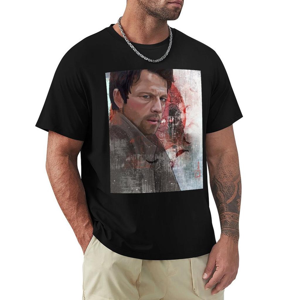 Castiel Portrait With Grunge Tshirt Fashion Casual Short Sleeve Top