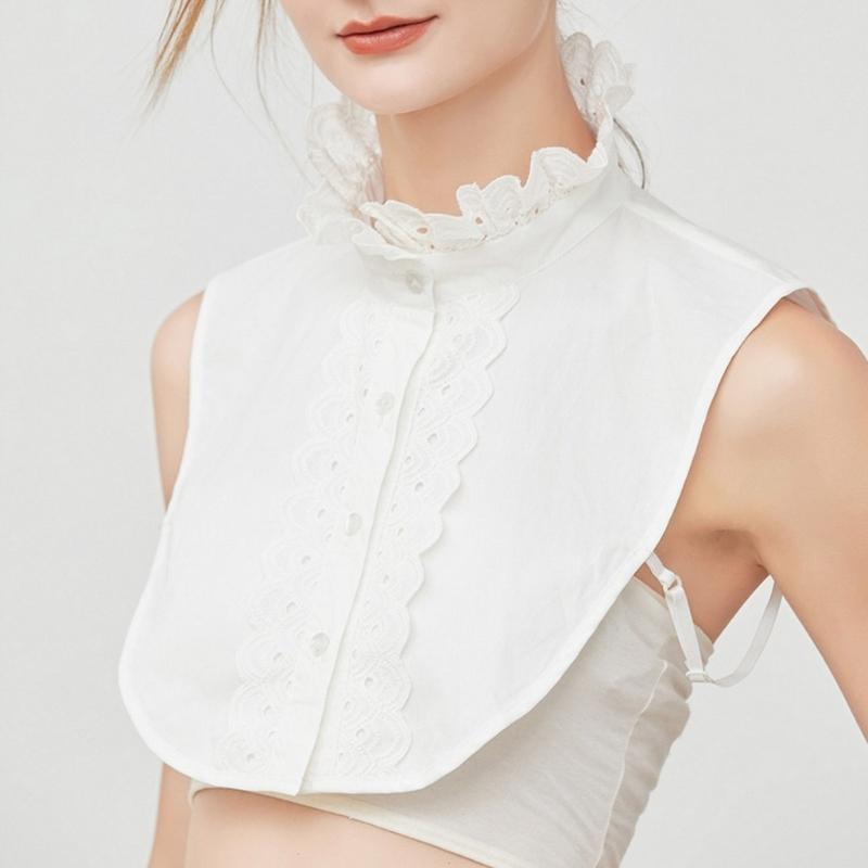 Womens Detachable Fake Collar White Blouses Half Shirt Elegant Ruffled Lace Patchwork French Style Neckwear Accessory