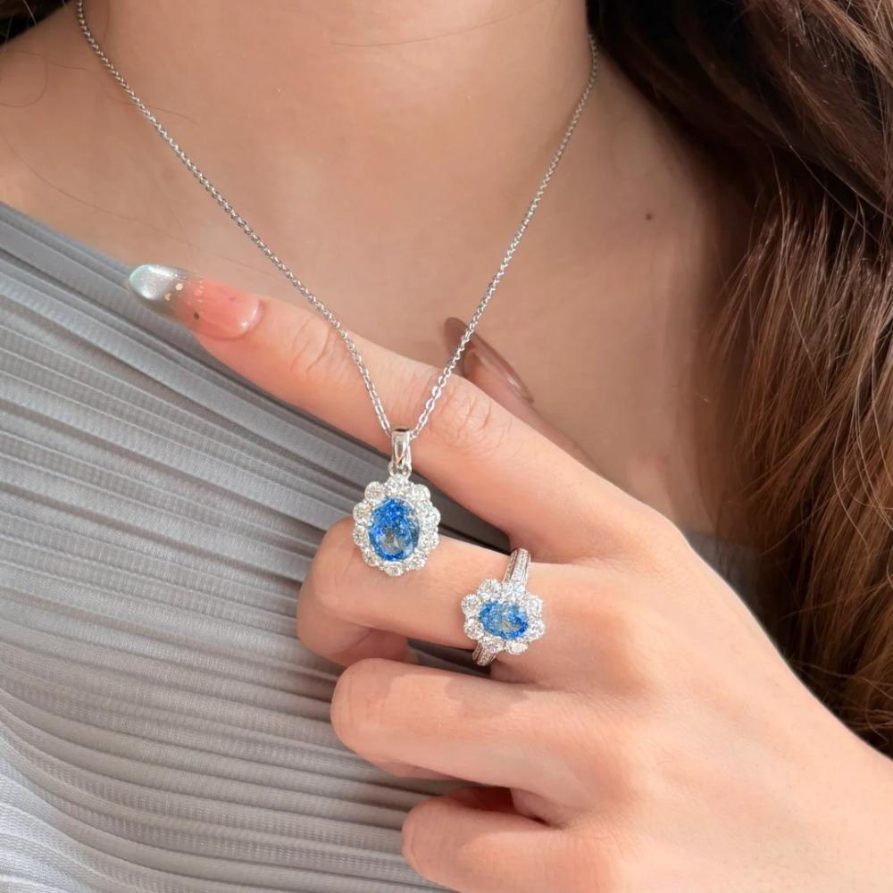 Women Jewelry Set Romantic Minty Paraiba Pendant Necklace Luxury Tanzanite Ring Gemstone Set
