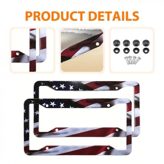 2X Metal Matte American USA Flag Cool License Plate Frame Universal Fit