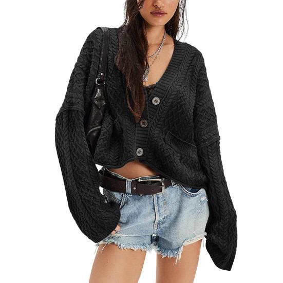 Women Sweater Coat V-Neck Long Sleeve Buttons Closure Cardigan Jacket with Pockets Solid Color Twist Texture Knitting Coat