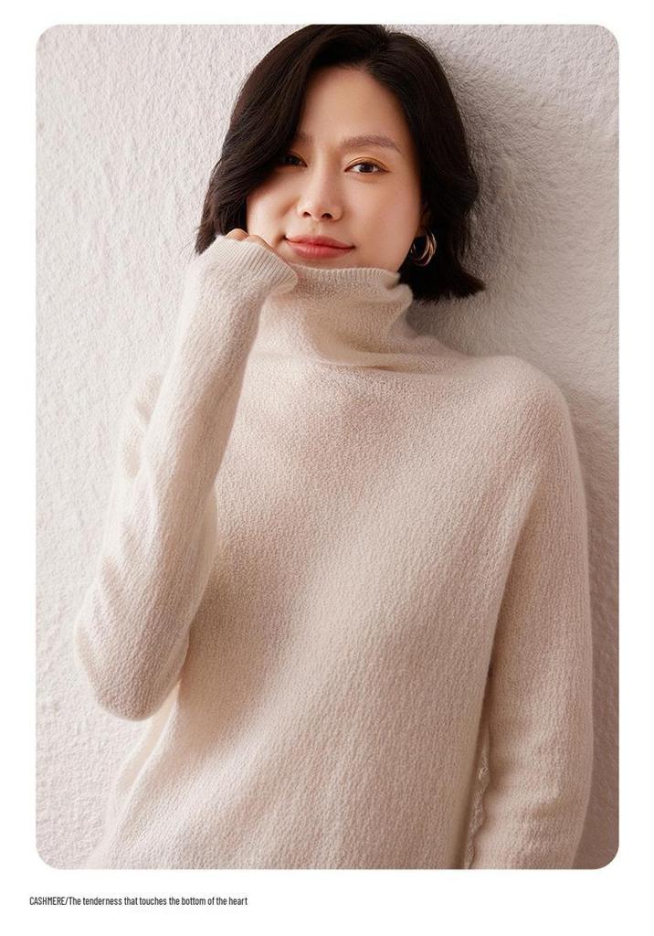 Autumn Winter Women's 12-Gauge Cashmere Stand-Up Collar Knit Sweater Pullover