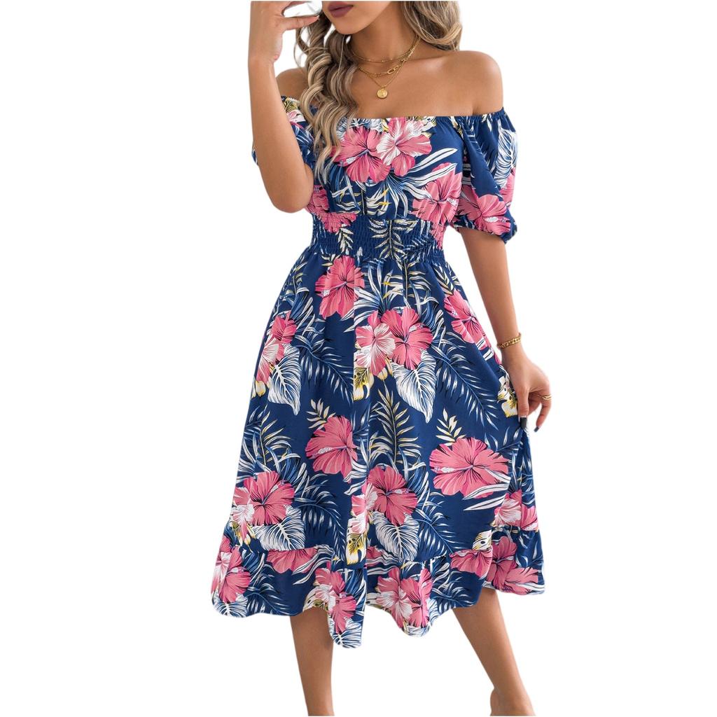 Women's Fashionable Floral Print Off Shoulder Short Sleeved Ruffle Edge Holiday Beach Loose Dress