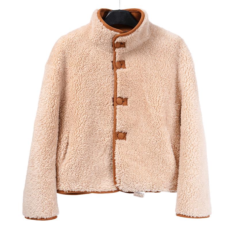 

Каштановое замшевое пальто из овчины с мехом с воротником-стойкой - Женский короткий стиль «аромат» для осени/зимы Medium верблюд